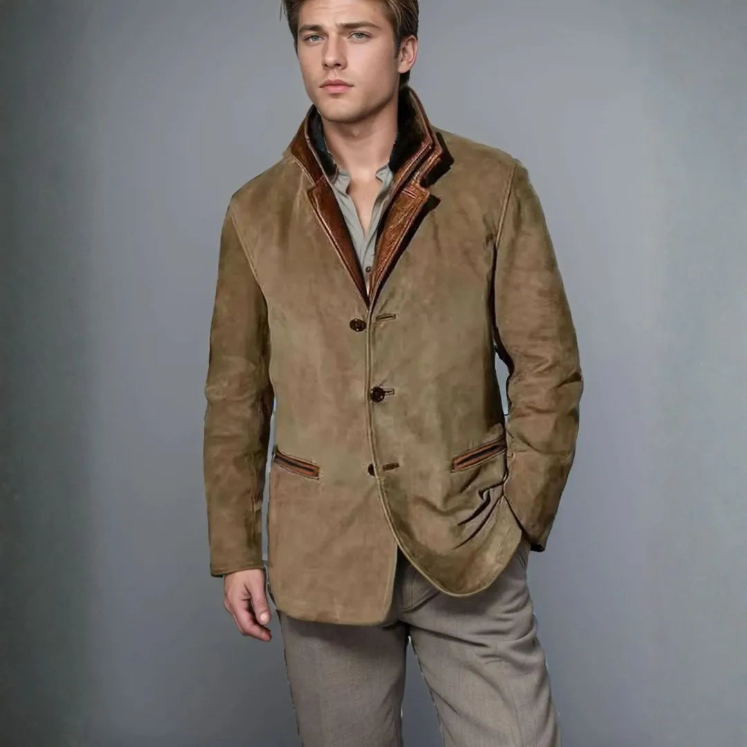 Oscar Leather-Trim Collar Suede Blazer Jacket Artisio