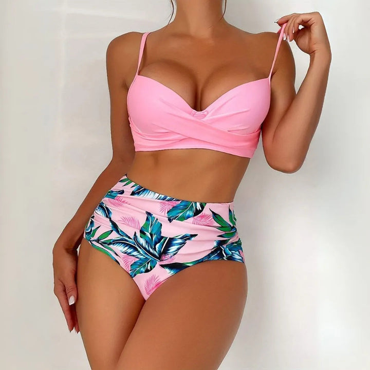 Two-Piece Tropical Twist High Waisted Floral Bikini Artisio