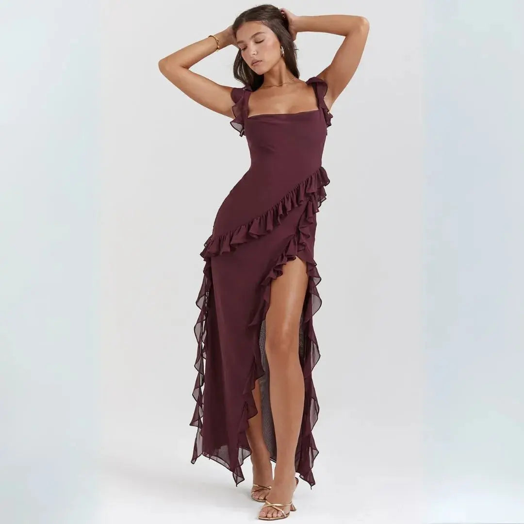 Ariela Ruffle Trim High Slit Maxi Dress Artisio