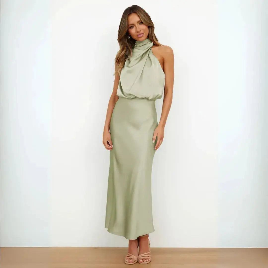 Celestina Satin Halter Maxi Dress Artisio
