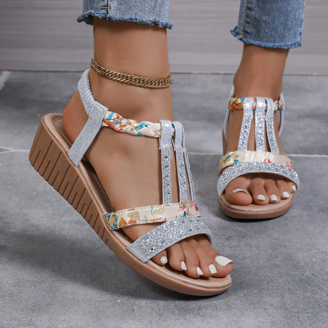 Charise T-Strap Rhinestone Braided Wedge Artisio