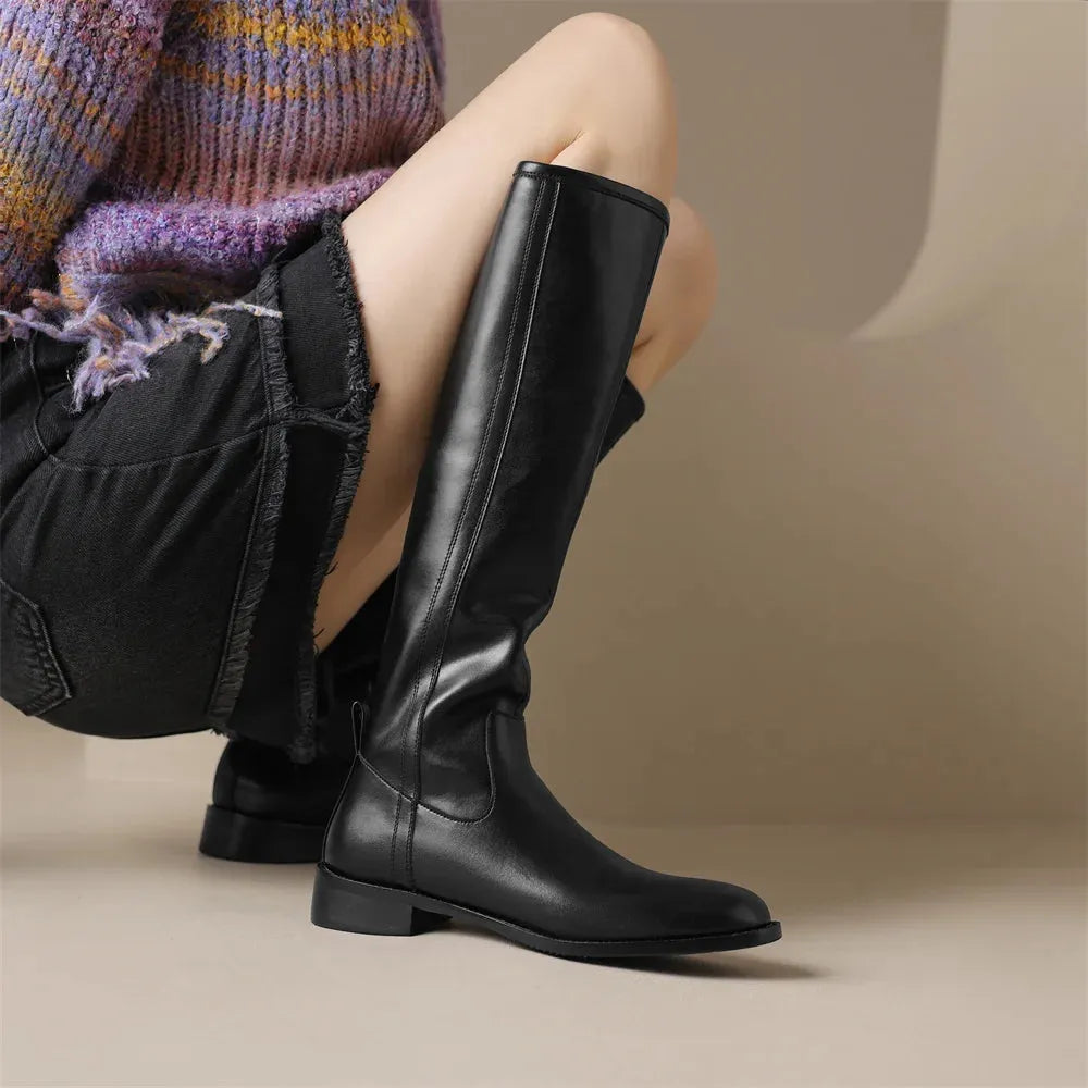 Emilia Women’s Leather Low Stacked Heel Knee-High Boots Artisio