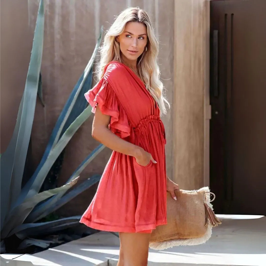 Erica V-Neck Ruffle Sleeve Mini Dress Artisio