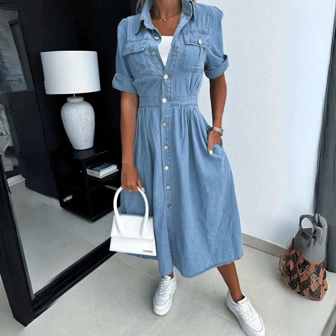 Harper Button-Up Denim Midi Dress Artisio