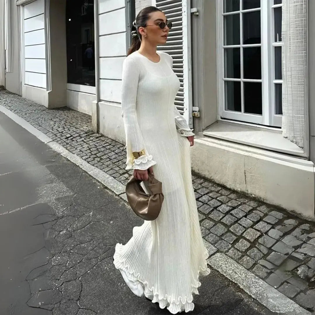 knee length dresses for ladies Keaton Knit Maxi Dress with V-Neckline in Beige *Final Sale* Large main image 0