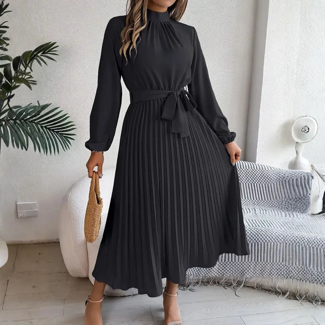 Issy Long-Sleeve Pleated Belted Midi Dress Artisio