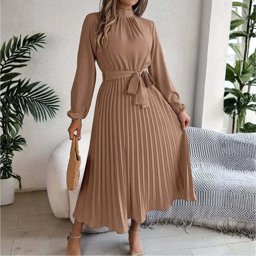 Issy Long-Sleeve Pleated Belted Midi Dress Artisio