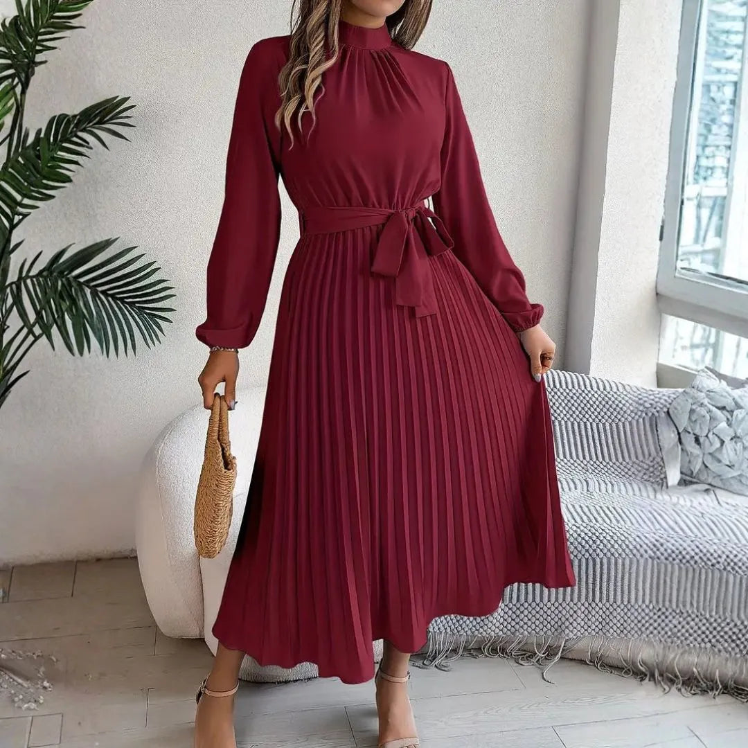 Issy Long-Sleeve Pleated Belted Midi Dress Artisio