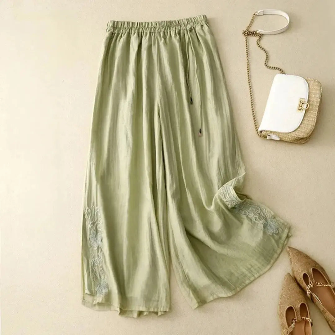 Julia Embroidered Wide-Leg Linen Pants Artisio