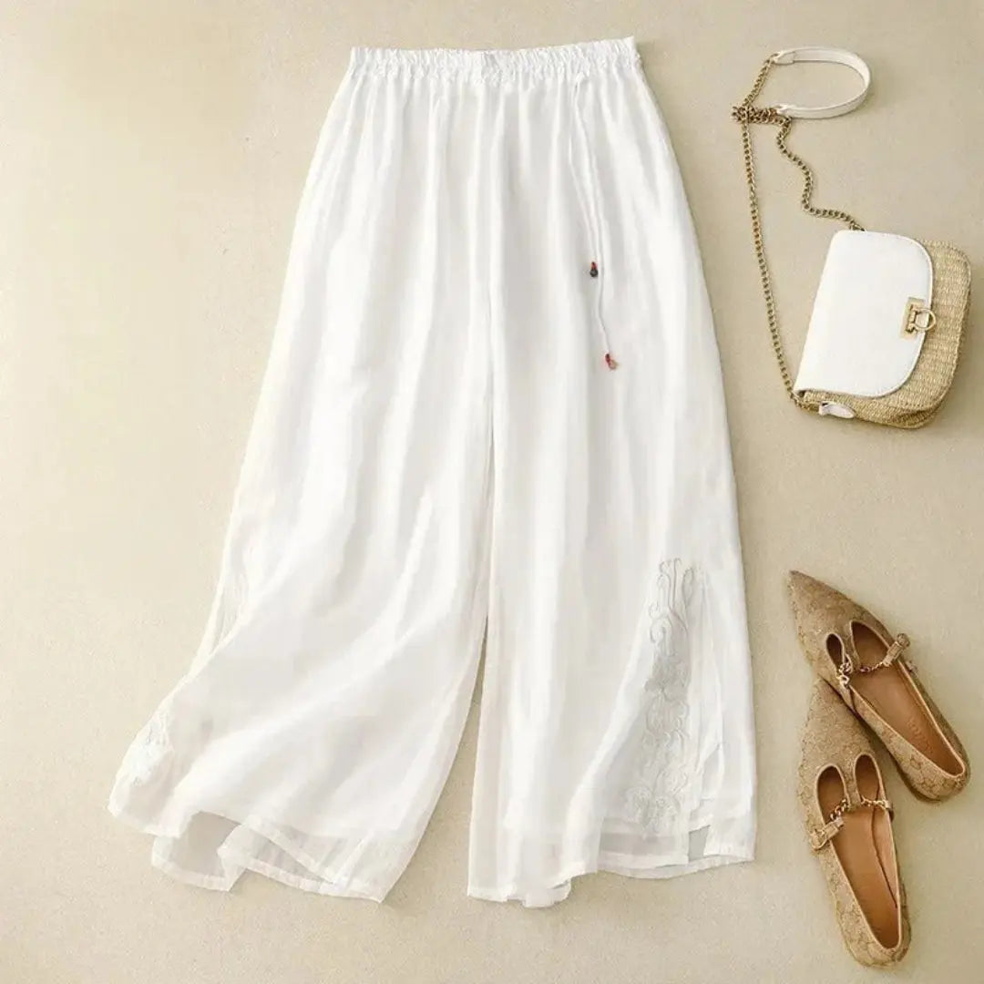 Julia Embroidered Wide-Leg Linen Pants Artisio