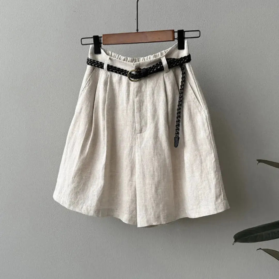 Kayla High-Waisted Belted Linen Shorts Artisio