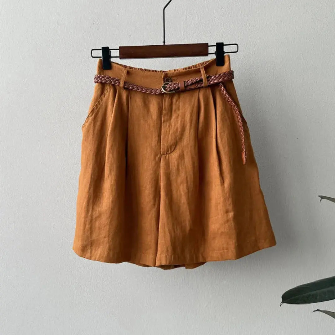 Kayla High-Waisted Belted Linen Shorts Artisio