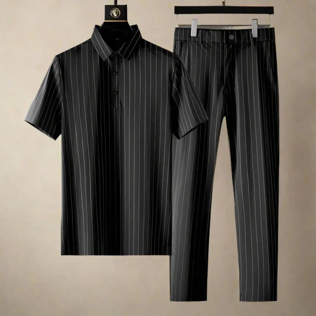 Marco Pinstripe Polo Shirt & Slim Fit Pants Set Artisio