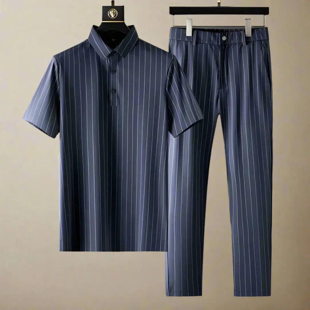Marco Pinstripe Polo Shirt & Slim Fit Pants Set Artisio