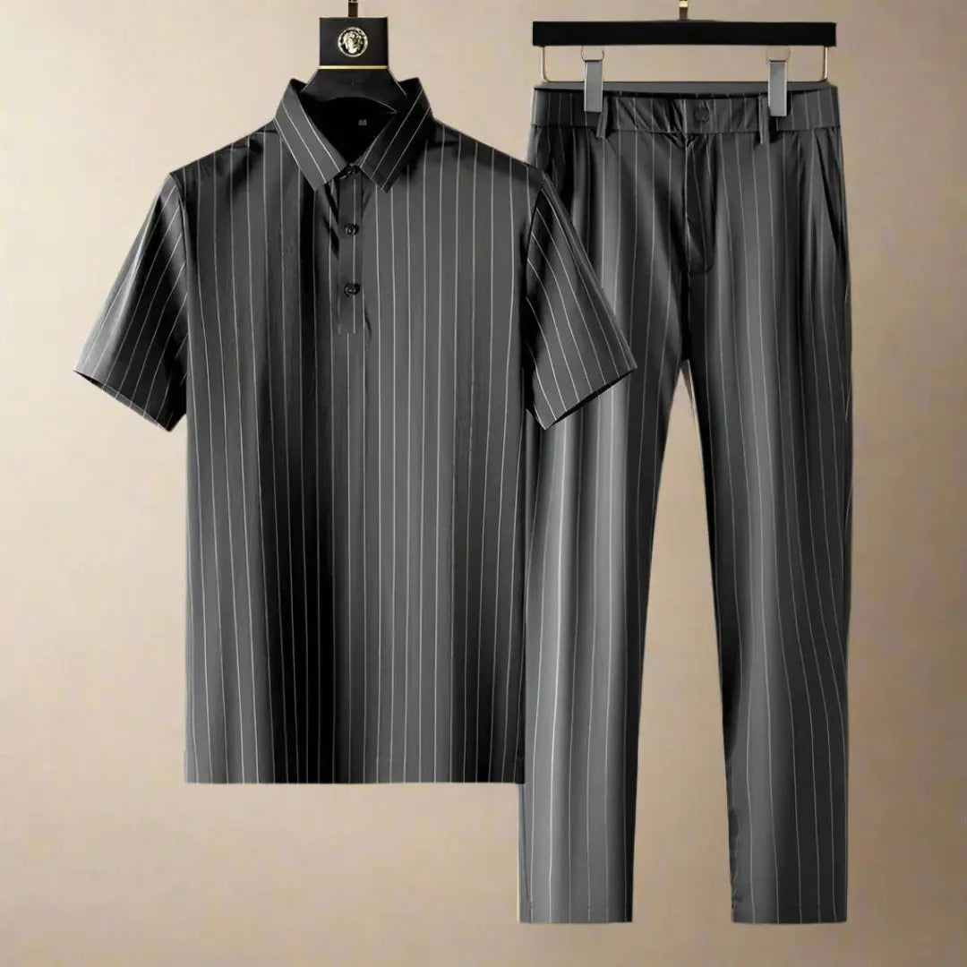 Marco Pinstripe Polo Shirt & Slim Fit Pants Set Artisio