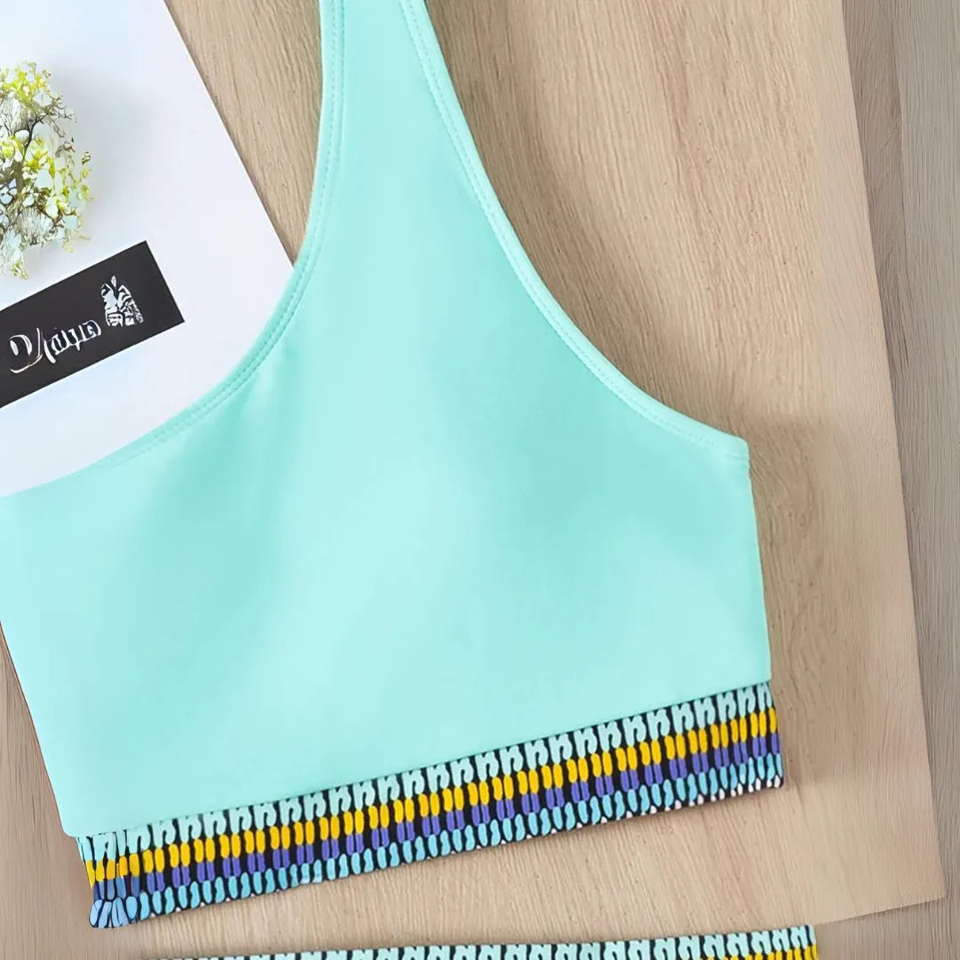 Mint One-Shoulder Patterned Elastic Bikini Set Artisio