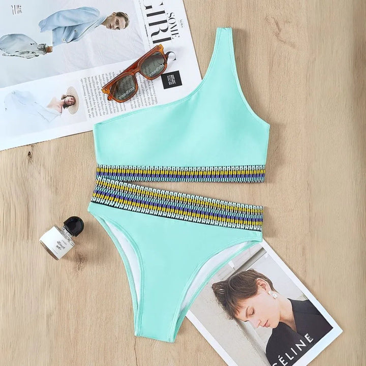 Mint One-Shoulder Patterned Elastic Bikini Set Artisio