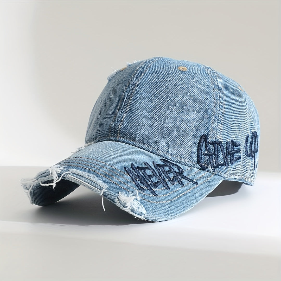 Never Give Up Washed Denim Cap Artisio