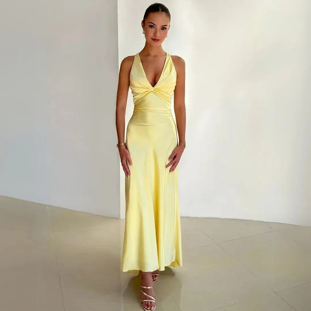 slim fit dress slacks Penelope Twist-Front Halter Slip Maxi Dress