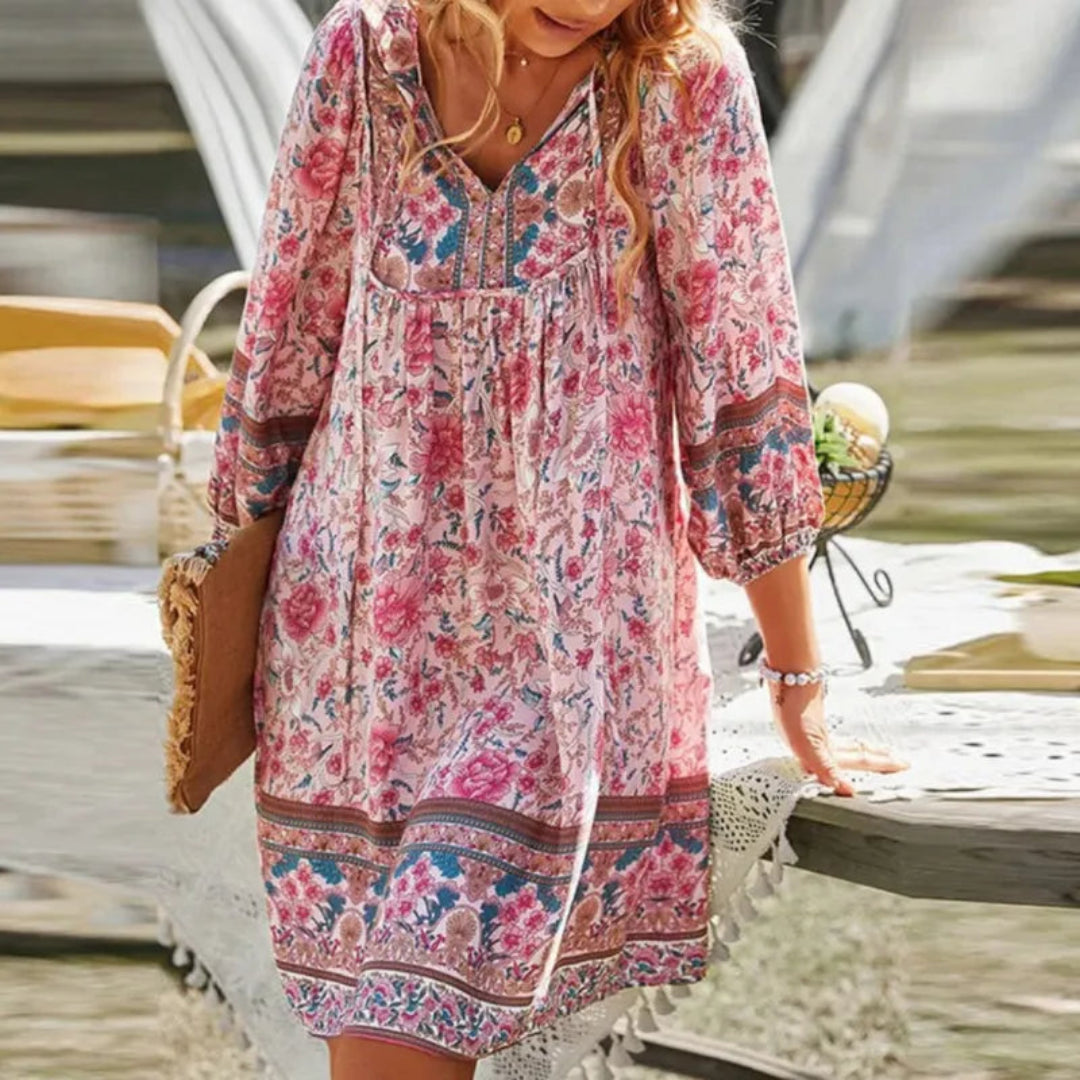 Rebecca Flowy V-Neck Bohemian Mini Dress Artisio