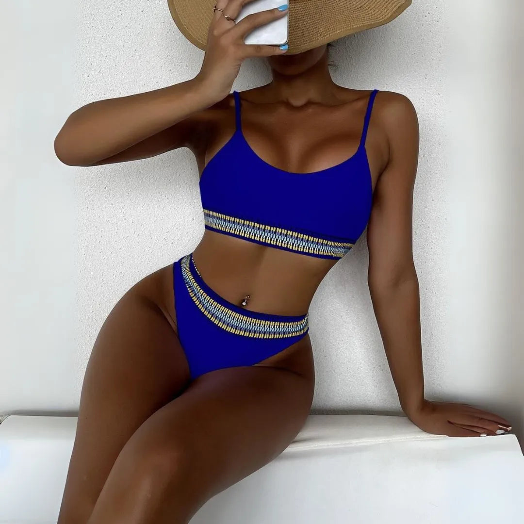 Royal Blue Patterned Elastic Spaghetti Bikini Set Artisio