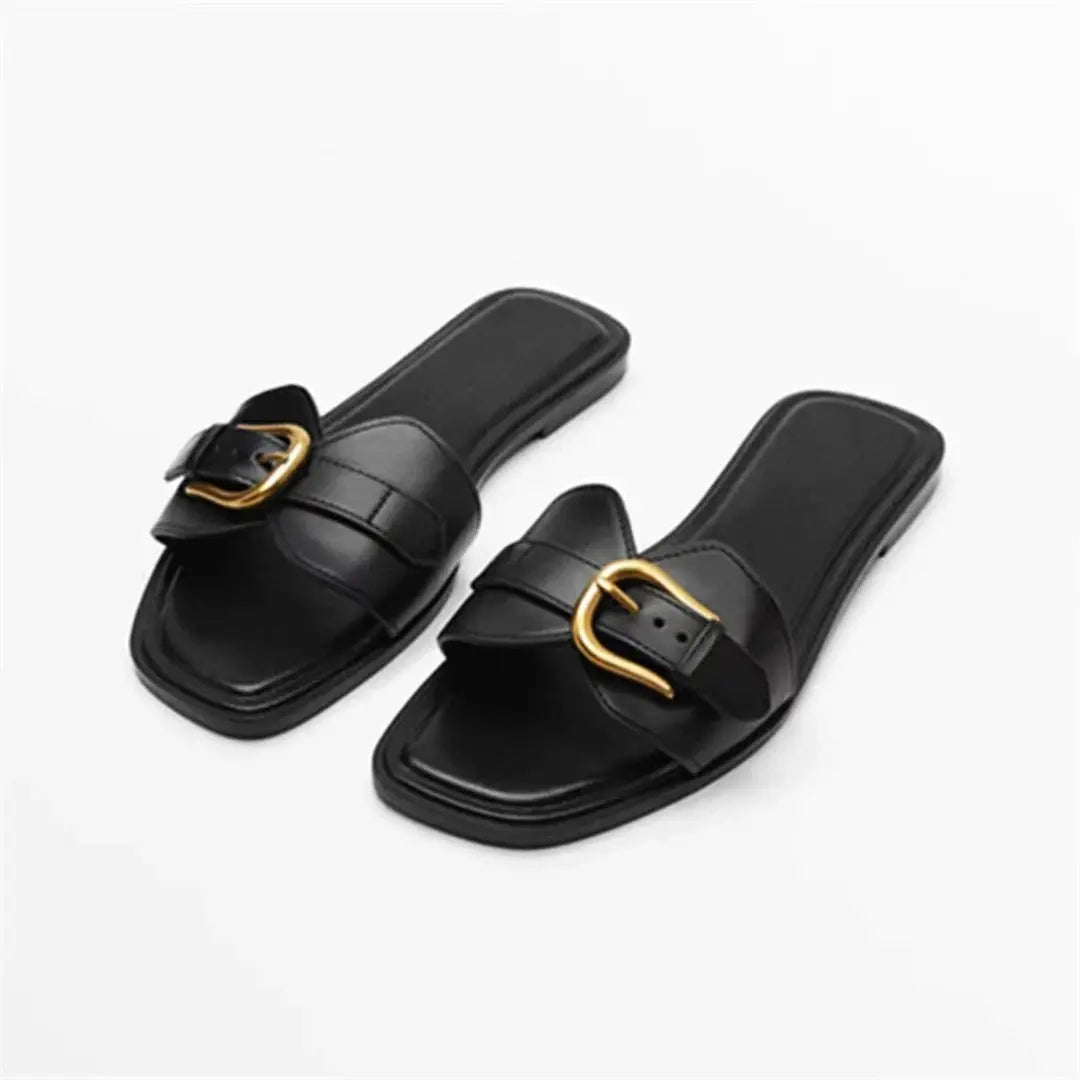 Savannah Buckle Square Toe Flat Slides Artisio