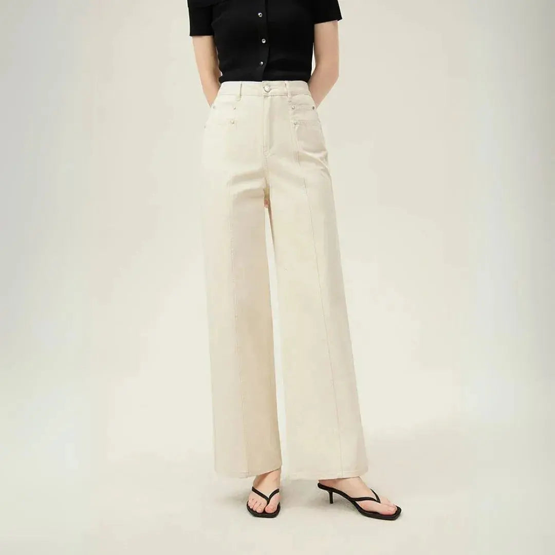 Sophia High Waist Wide-Leg Cream Denim Trousers Artisio
