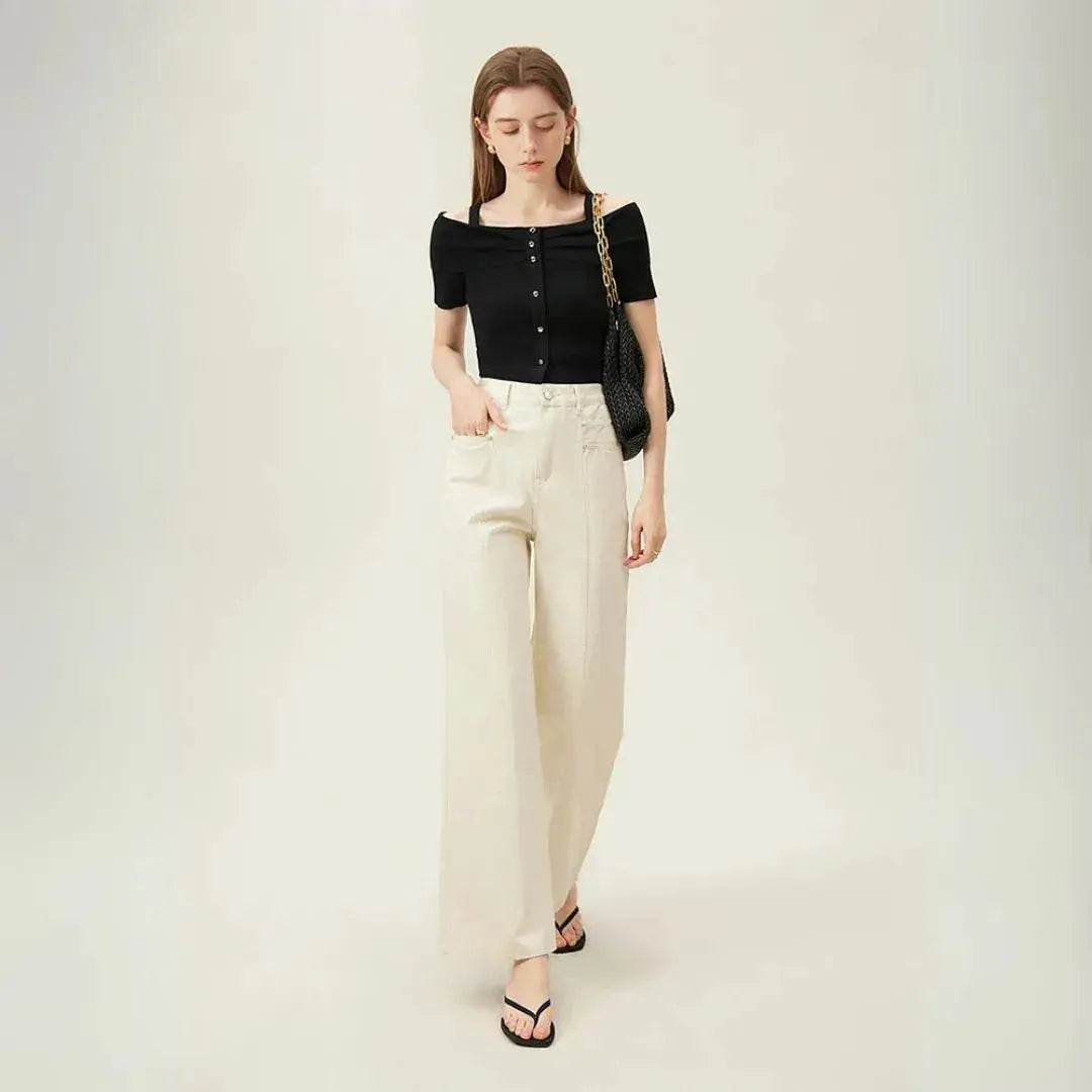 Sophia High Waist Wide-Leg Cream Denim Trousers Artisio