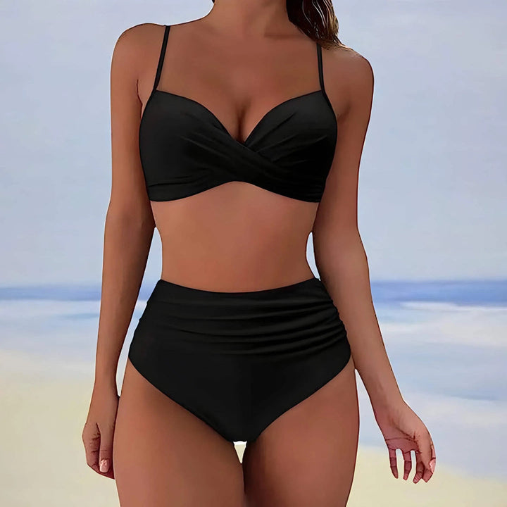 Twist-Front High-Waisted Ruched Bikini Set Artisio