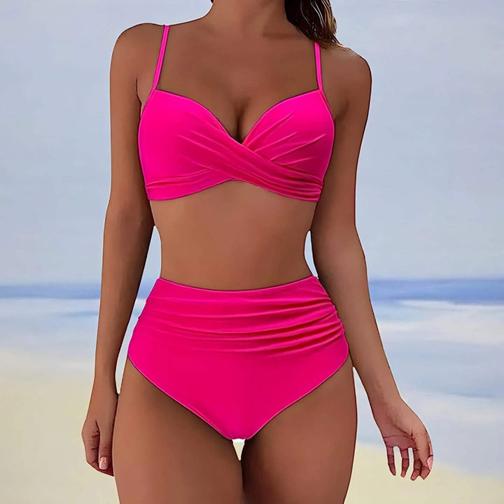 Twist-Front High-Waisted Ruched Bikini Set Artisio