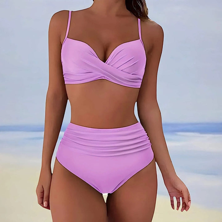 Twist-Front High-Waisted Ruched Bikini Set Artisio