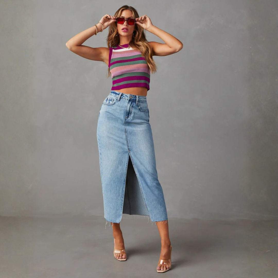 Women Front Slit Denim Midi Skirt Artisio