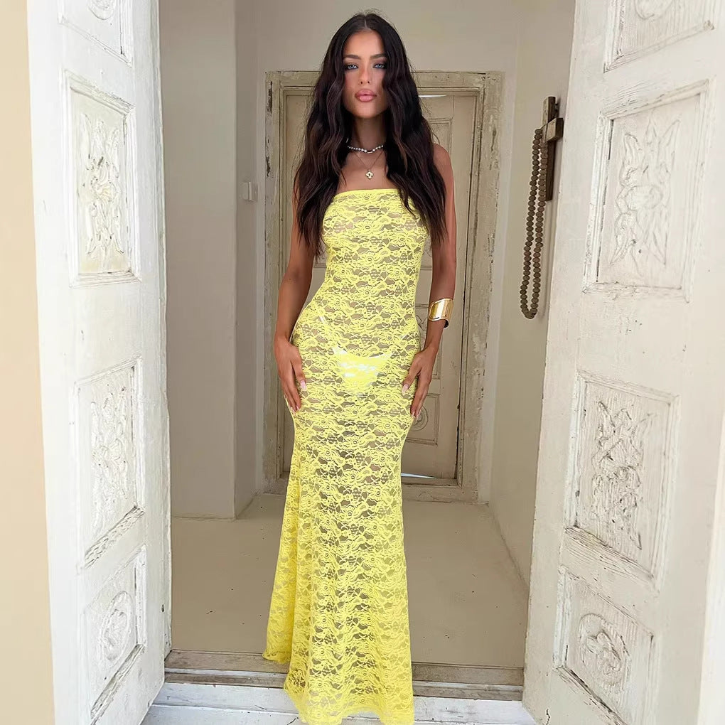 Women Strapless Lace Maxi Dress Artisio