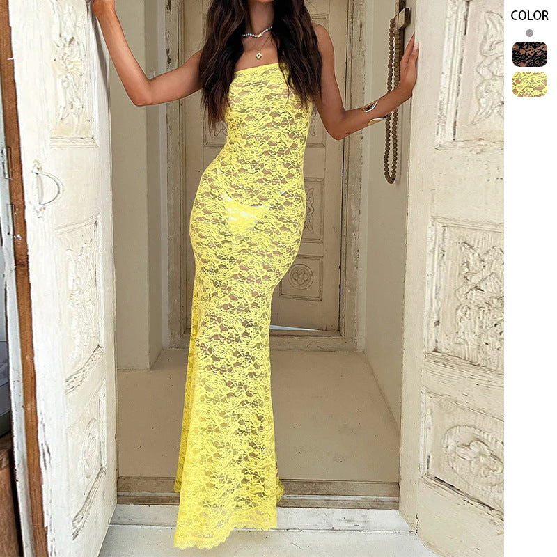 Women Strapless Lace Maxi Dress Artisio