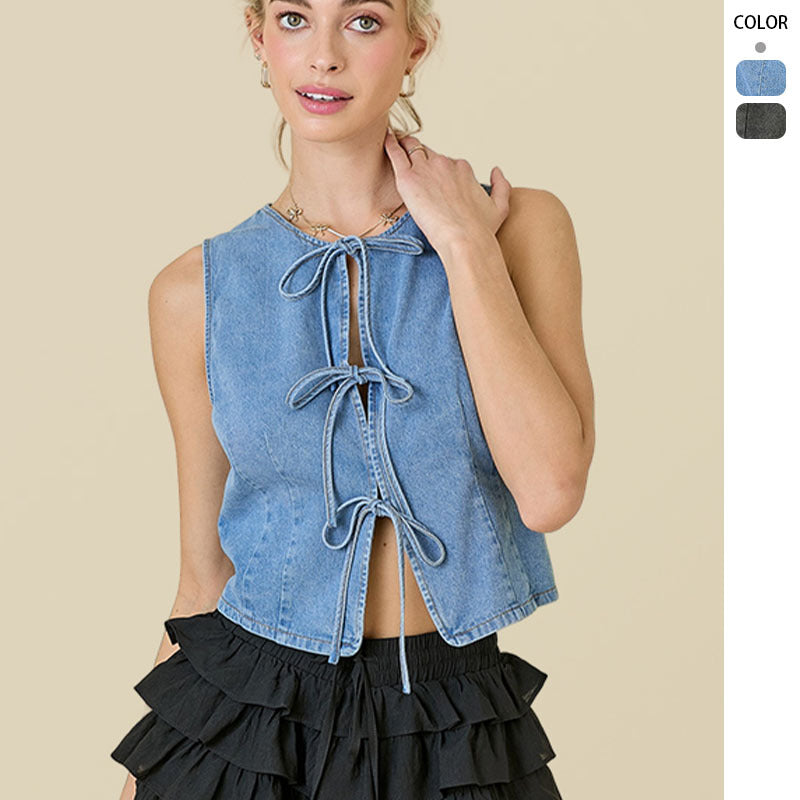Women Tie Front Denim Sleeveless Top Artisio