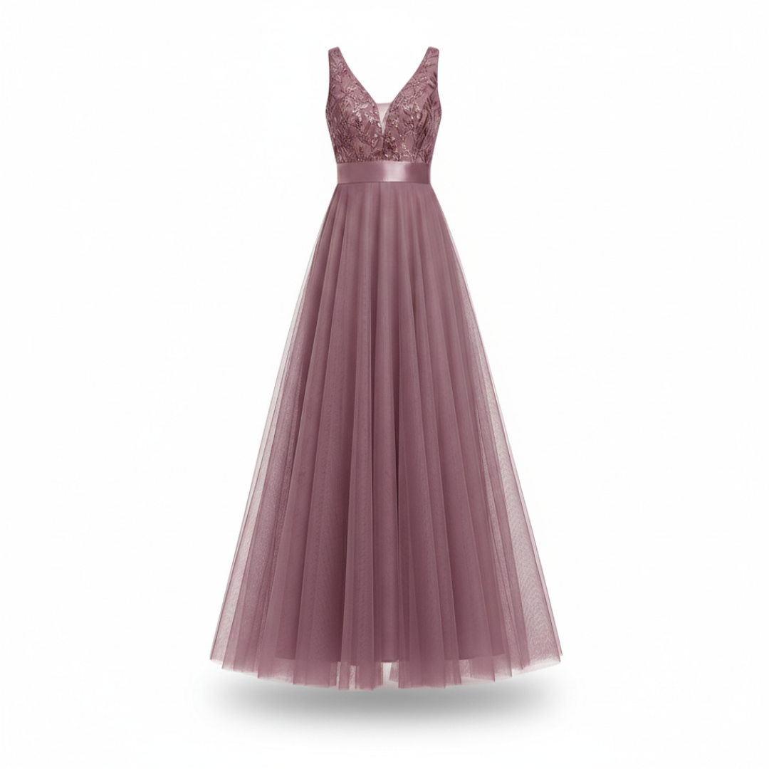 Women V Neck Tulle Maxi Dress Artisio