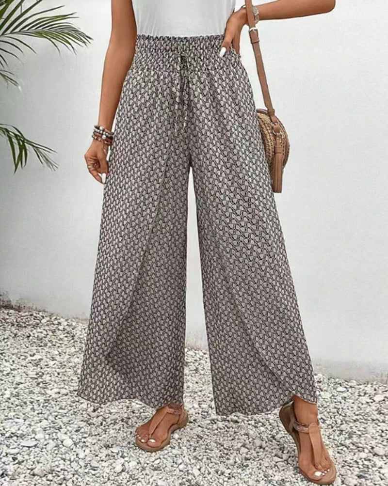 Women's wide-leg high-waisted trousers with elasticated waistband and graphic pattern WW 0