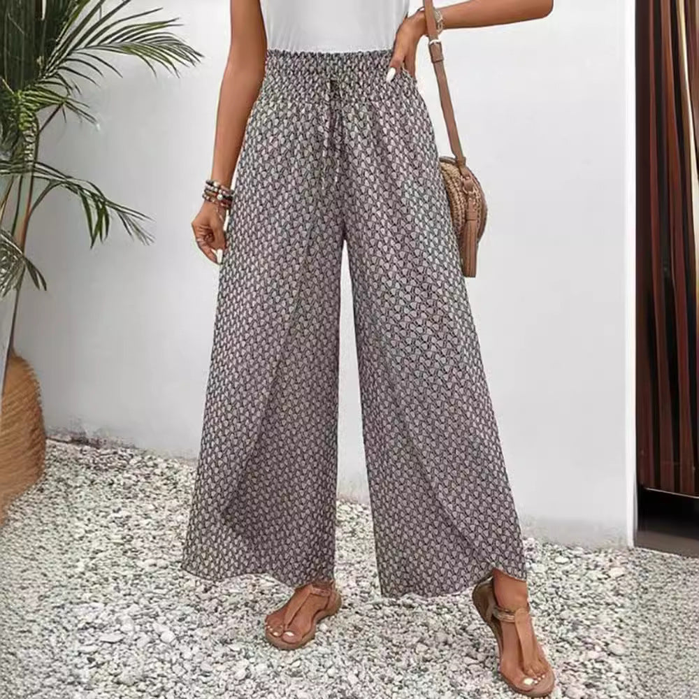 Women's wide-leg high-waisted trousers with elasticated waistband and graphic pattern WW 1