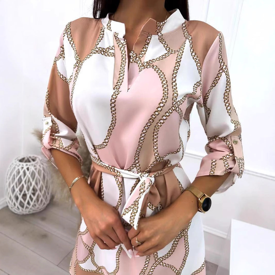 womens-floral-chain-print-wrap-dress-belted-artisio-detail-view