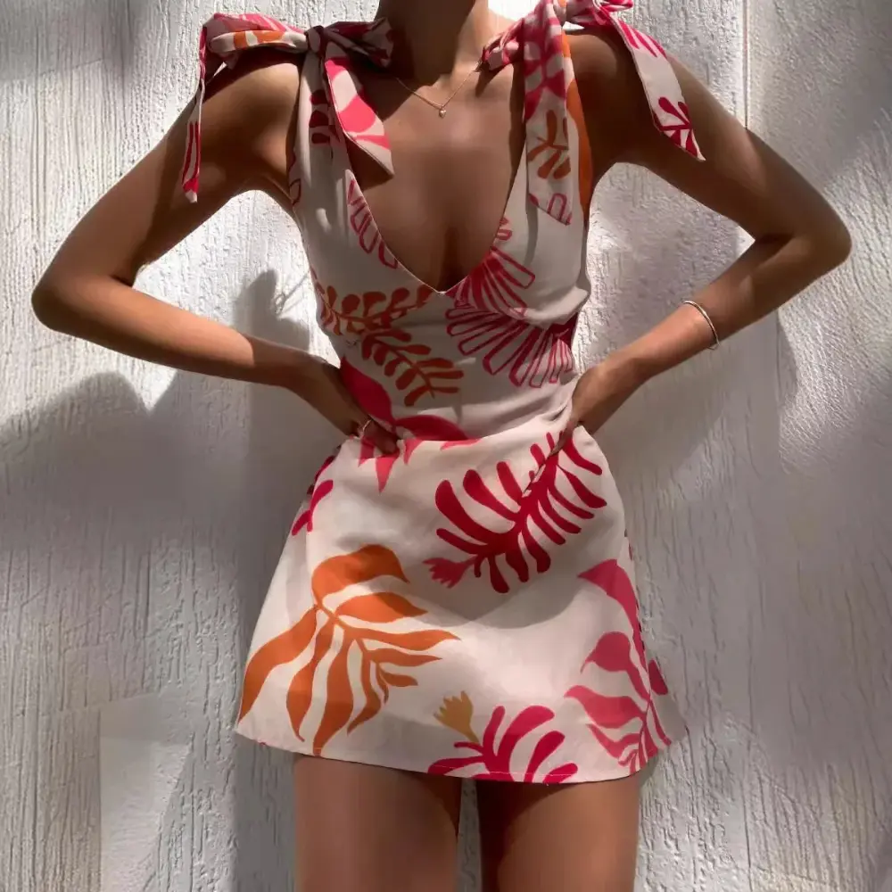 Della Tropical Print Tie Mini Dress Artisio