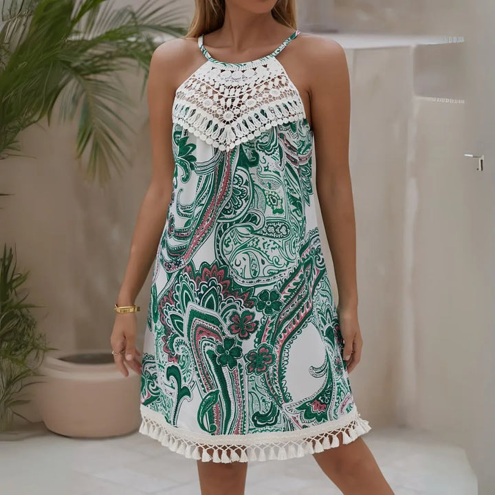Adriana Crochet-Neck Tassel Trim Dress