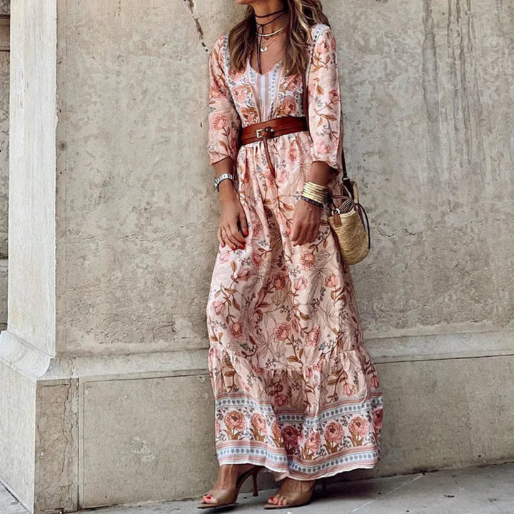 Amara V-Neck Belted Bohemian Maxi Dress