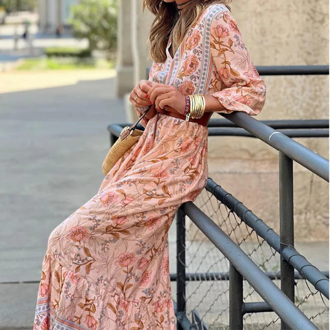 Amara V-Neck Belted Bohemian Maxi Dress