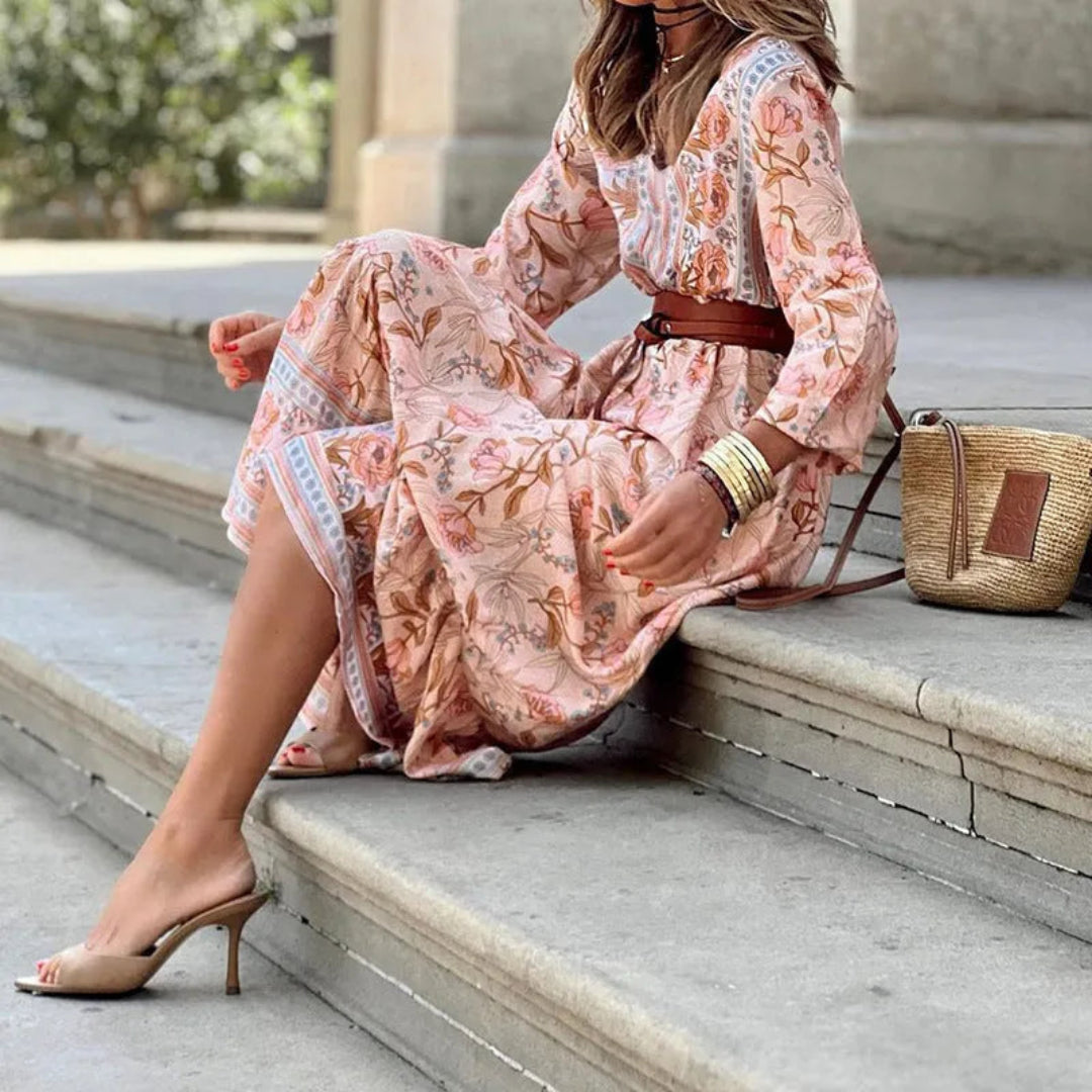 Amara V-Neck Belted Bohemian Maxi Dress