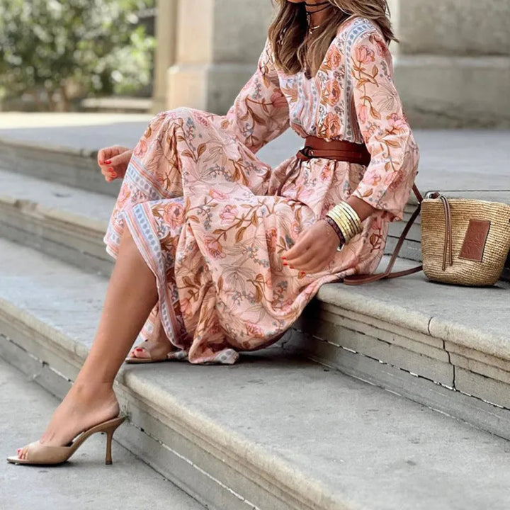 Amara V-Neck Belted Bohemian Maxi Dress