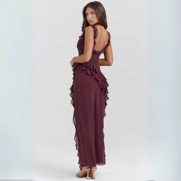Ariela Ruffle Trim High Slit Maxi Dress