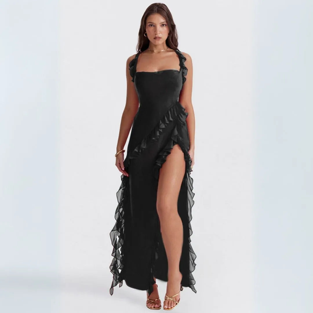 Ariela Ruffle Trim High Slit Maxi Dress