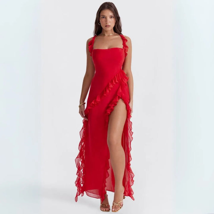 Ariela Ruffle Trim High Slit Maxi Dress