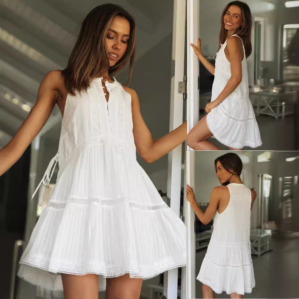 Women's airy summer dress in bohemian style with delicate lace accents and playful hem WW 1