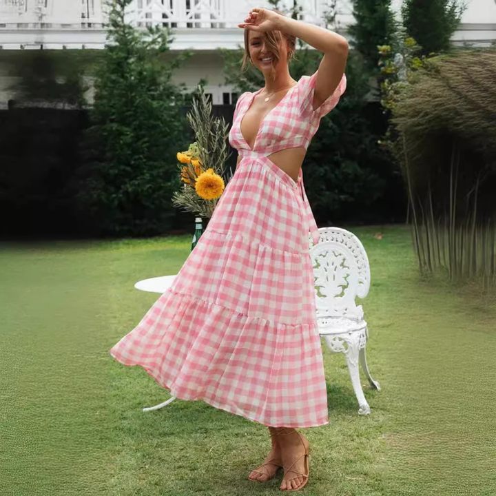 Artisio | Women Elegant Gingham Maxi Dress